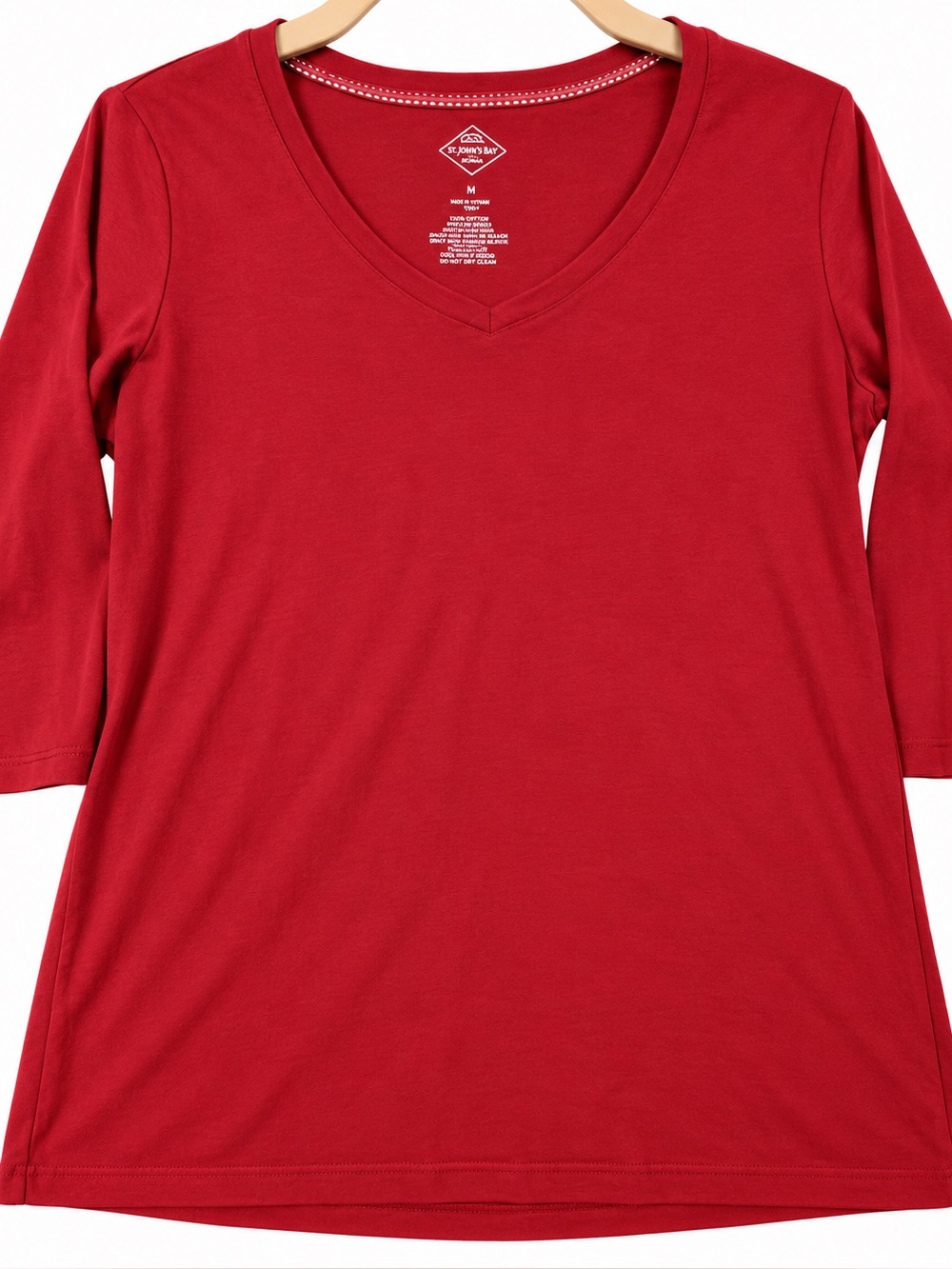 St. John's Bay Women's Large Red V-Neck 3/4 Sleeve Cotton Knit Top